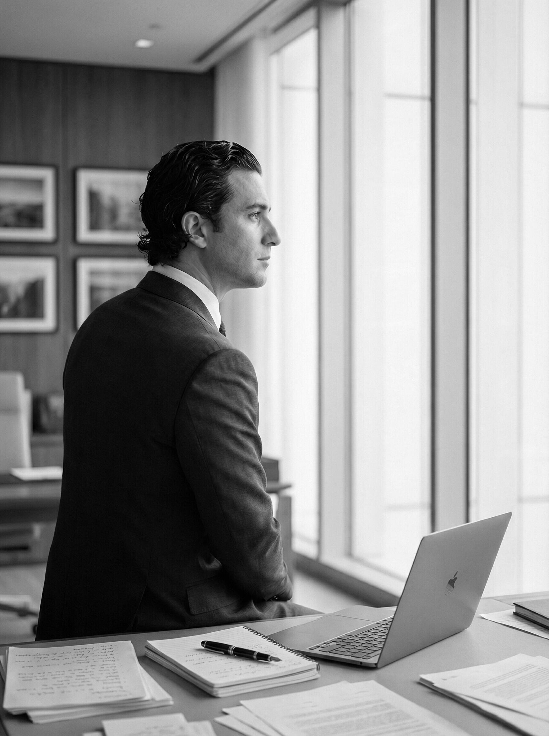Mann High Performer Ein emotional belasteter Mann der aus dem Fenster schaut